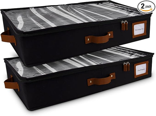 HOMELUX THEORY 2pc Under Bed Storage Containers, Bedroom Under the Bed Drawer Storage Organizer with Bins and Lids, Medium Underbed Clothes Storage Box Ideal for Blanket, Fabric, & Shoes (Black)