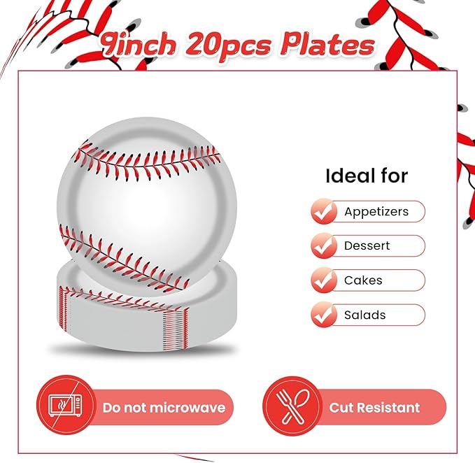 40 Pcs Baseball Party Dessert Plates and Napkins Sets 9" Paper Plates and 6.5" Napkins Party Supplies Tableware Decoration For Birthday Picnic