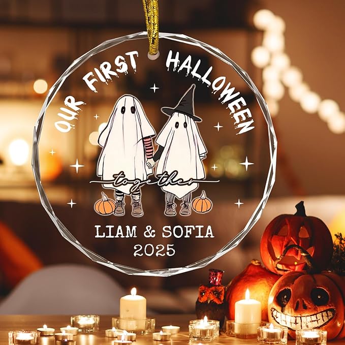 First Halloween Married Ornaments, Custom Couple Halloween Ornament for Couples, Newlywed, Mr & Mrs Ornament, Spooky Glass Hanging Decor, Spooky Pendent, Ghost and Pumpkin Gifts