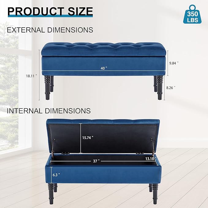 Ottoman with Storage Velvet Storage Bench Holds Up to 500 lbs Ottomans Upholstered Bench with Seating for Bedroom, Living Room, Blue