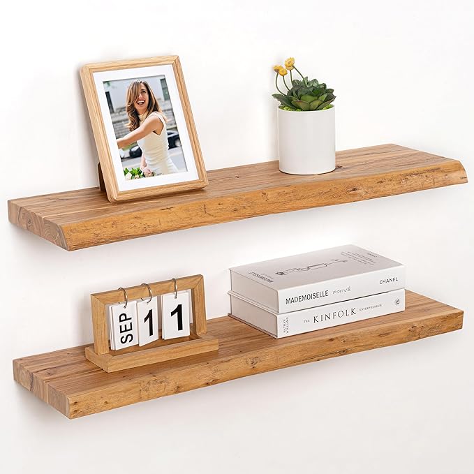 RICHFOCUS Live Edge Elm Floating Shelves - 30" W x 9.3" D Rustic Solid Wood Wall Shelves with Invisible Bracket, Wall-Mounted for Living Room, Bedroom, Kitchen Storage & Display, Set of 2, Natural