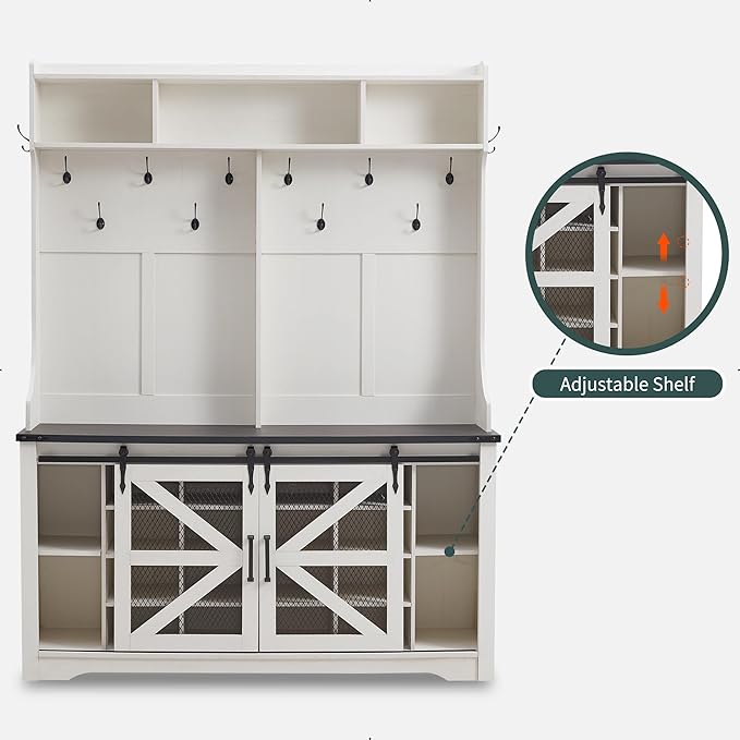 JXQTLINGMU 59" Farmhouse Hall Tree with Shoe Storage, Entryway Bench with 20 Cubbies, 12 Hooks & Sliding Barn Doors, Mudroom Coat Rack Cabinet, Off White