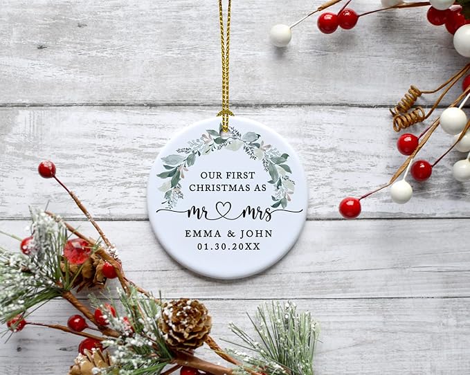Andaz Press Personalized Our First Christmas As Mr. & Mrs. 2025 Christmas Ornaments Foliage Wreath 2.8" Round Porcelain Ceramic 1st Year Married Custom Ornament Keepsake for Newlyweds 1-Pack