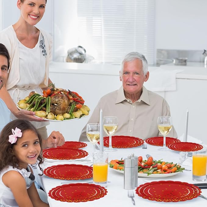 50PCS Red Paper Plates, 7 Inch Scalloped Red and Gold Party Plates Disposable Foil Polka Dots Dessert Plate Cake Plate for Wedding Baby Shower Birthday Anniversary Bachelorette Dinner BBQ