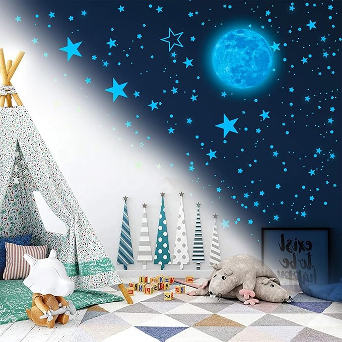 1049 Pieces Luminous Sticker Wall Decal Luminous Stars self-Adhesive Children's Room Wall Stickers Moon and Stars Fluorescent Wall Stickers, Stickers for Children's Rooms Girls Decorative