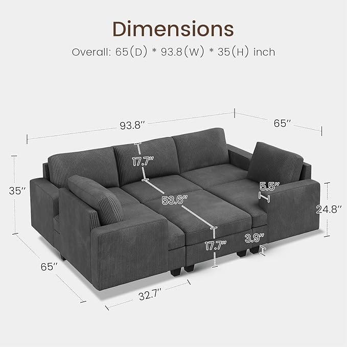 Nolany Modular Sectional Couch with Storage Ottoman, Corduroy Sleeper Sectional Sofa with Chaise, Sectional Couches for Living Room, Dark Grey