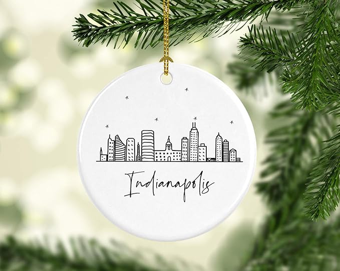 Andaz Press Round Ceramic Porcelain Christmas Tree Ornament Keepsake Gift, Indianapolis, Black and White Stars City Skyline Graphic, 1-Pack, Birthday Ideas Family Coworker Him Her, Includes Gift Box