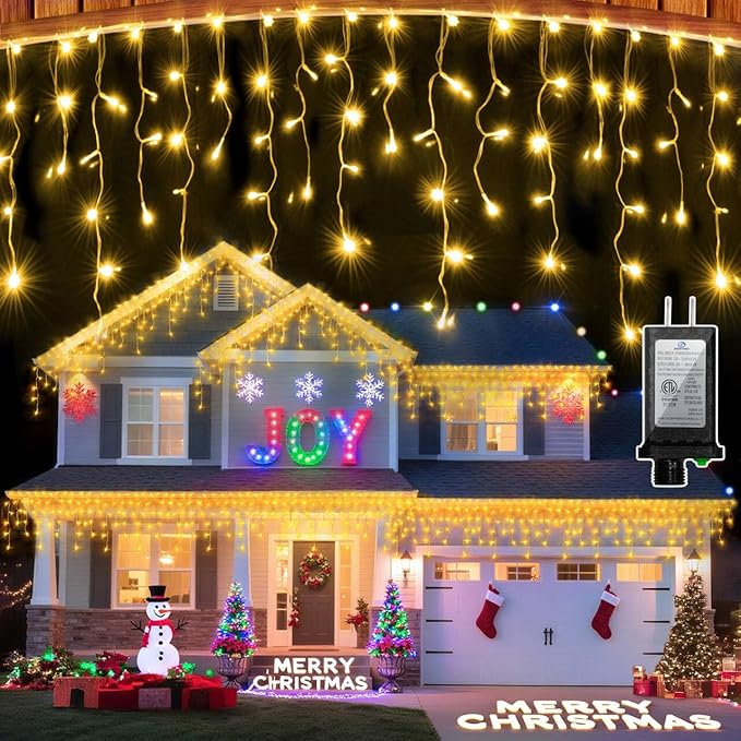 612 LED 60FT Icicle Christmas Lights - 136 Drops Waterproof 12 Modes Memory Timer, Outdoor Hanging Roof Lights for Eaves Gutter Xmas Tree Holiday Decorations Warm White