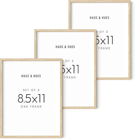 HAUS AND HUES Set of 3 Pennsylvania Oak Wood Picture Frames, 8.5x11 in, Beige, Minimalist Style, Shatterproof Plexiglass, Wall Mount, 3 Count