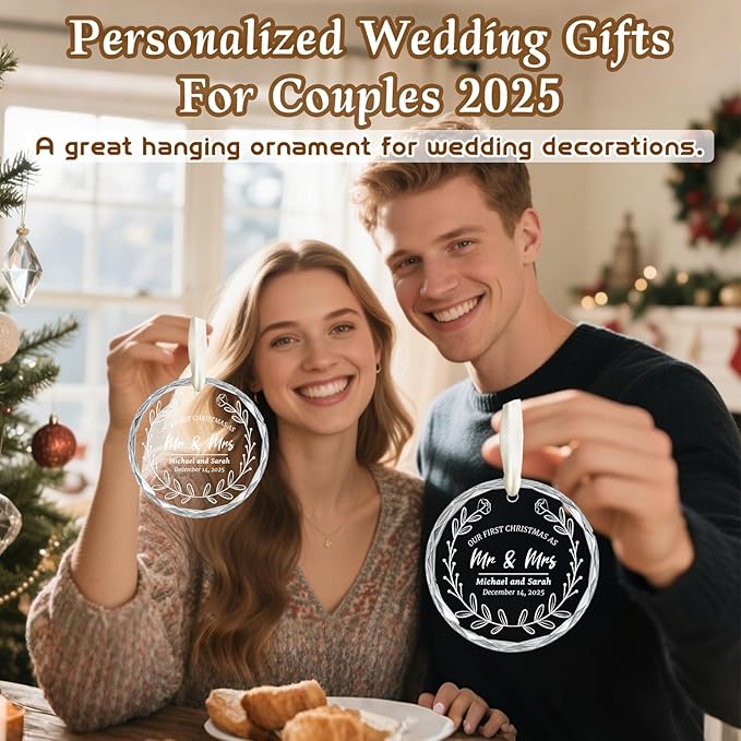 First Christmas Married Ornament 2025, Custom Wedding Crystal Glass Ornament with Photo, Name or Date, Personalized Wedding or Bridal Shower Gifts for Newlyweds