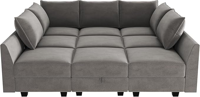 HONBAY Velvet Sectional Sofa Couch with Storage - Modular Sleeper for Living Room, Grey