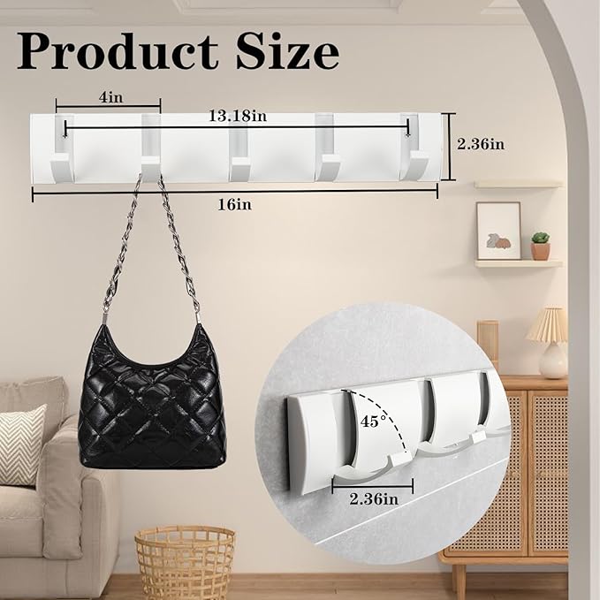 Folding Coat Hooks, Wall Mounted Coat Rack with 5 Retractable Hooks, Heavy Duty Towel Rack for Bathroom Wall Hook for Hanging Clothes Bathrobe, Stainless Steel Coat Hanger for Entryway(White)