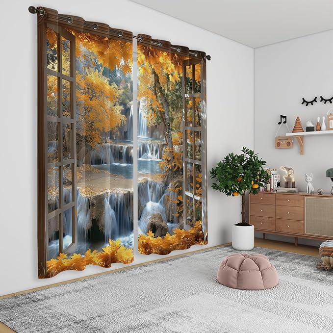 Landscape Blackout Curtains for Girls Boys Teens Home Decor, Nature 3D Autumn Fall Forest Maples Grommet Thermal Insulated Drapes Darkening Window Curtain for Bedroom Living Room, 72 x 63 Inch