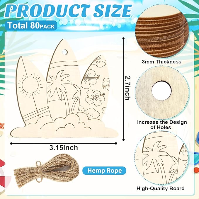 80PCS Wooden Summer Ornaments to Paint, 10 Styles DIY Blank Unfinished Wood Beach Cutouts Ornament for Crafts Hanging Decorations, Watermelon Surfboard Slippers Coconut Tree Home Decorations Gifts