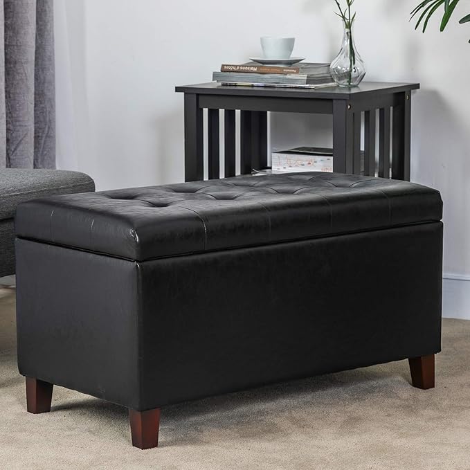 Asense Storage Ottoman Bench, Faux Leather Upholstered End of Bed Bench with Safety Hinge Wooden Legs, for Entryway Bedroom (Black, 33.3")