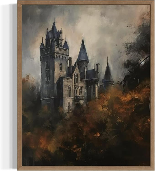 Old Castle Poster Art Print, Halloween Scary Vintage Wall Art Academia Spooky Painting Decoration for Horror Prints, Gothic Posters Bedroom Decor 89 (Old Castle, 16 x 20 inches, Wood Frame)