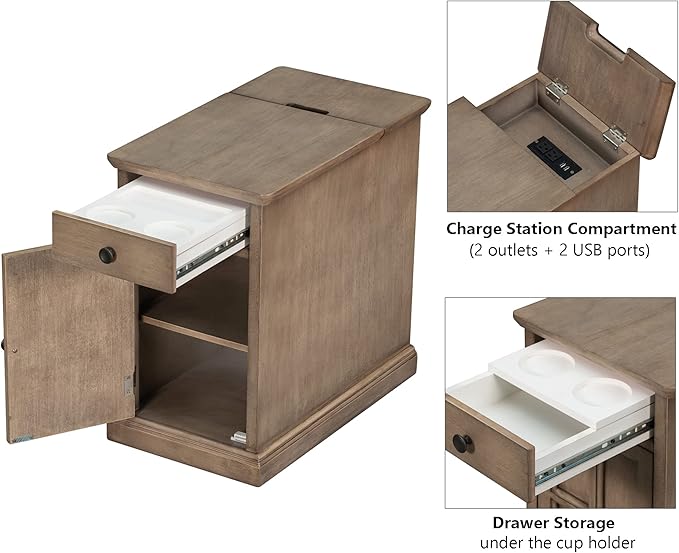 Traditional Wood End Table with Charging Station, Modern Vintage Sofa Chair Side Table Nightstand with Storage & Drawer for Living Room Bedroom, No Assembly, Antique Brown