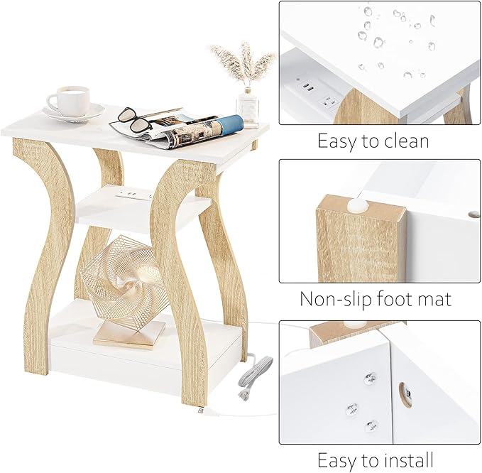 End Table Set of 2 with Charging Station, Side Table with USB Ports and Outlets, Nightstand, 3 Tier End Table with Storage Shelf for Living Room, Bedroom (White Set of 2)