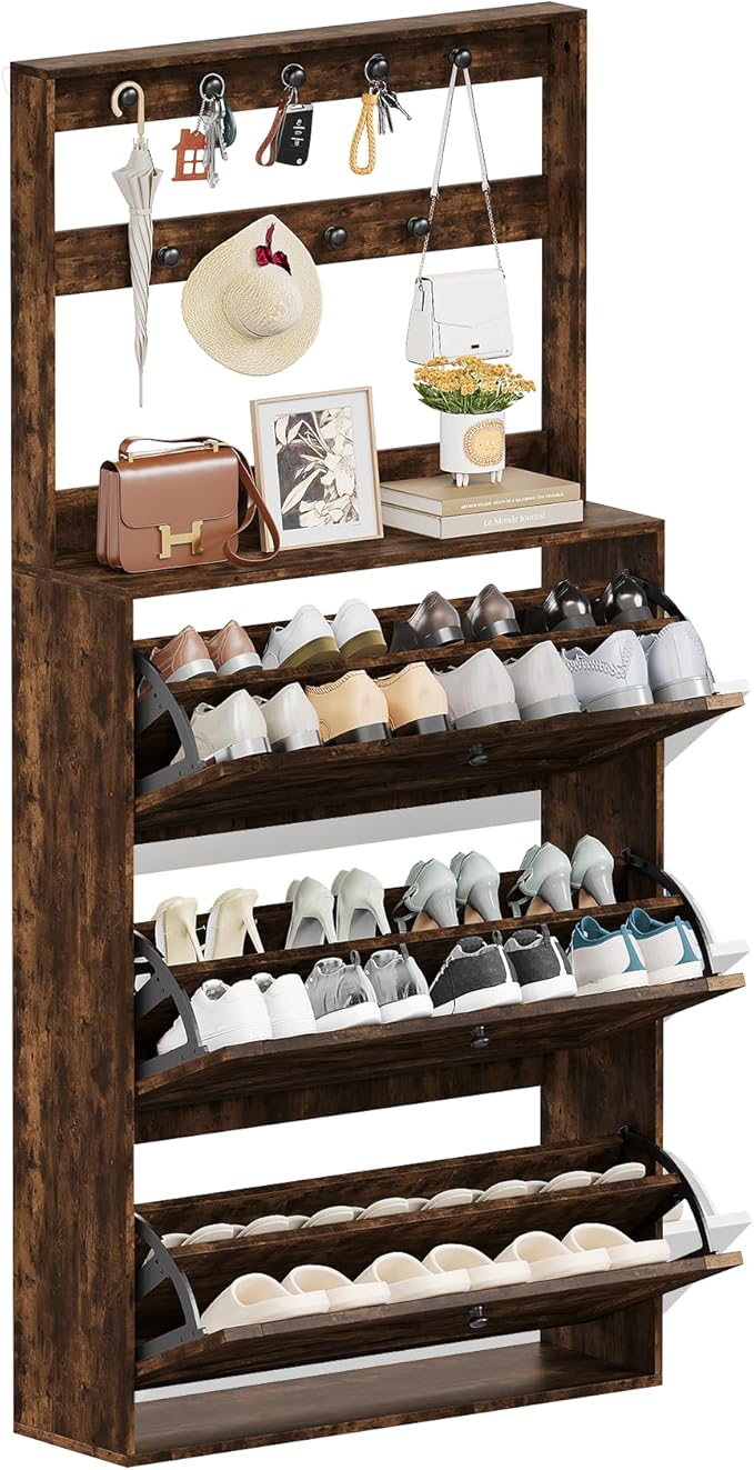 Shoe Cabinet with 3 Flip Drawers, Narrow Shoe Cabinet with 9 Hooks Coat Rack, Freestanding Shoes Storage Cabinets with Adjustable Shelves for Entryway, Hallway, Living Room, Rustic Brown