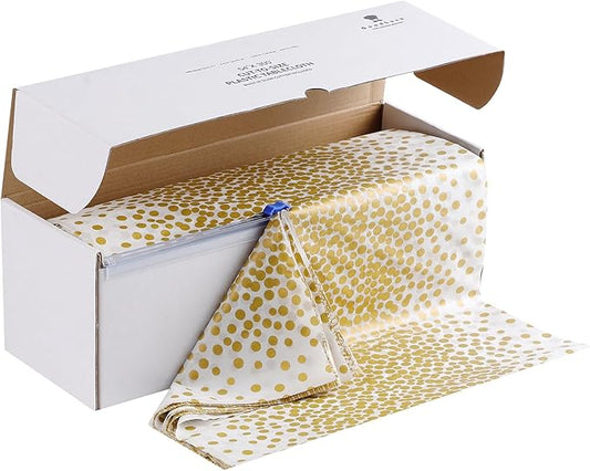 Goodluck 54 Inch X 300 Feet Plastic Table Cloths with Cutter Box, Gold Disposable Table Cover Roll, Plastic Tablecloth for Party, Wedding, Birthday, Anniversary, Thanksgiving, Christmas White Gold Dot