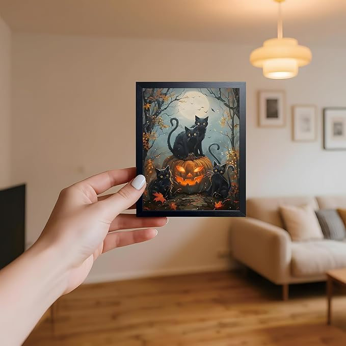 Halloween Black Cat Wall Art, Dark Academia Spooky Pumpkin Poster Wall Decor, Vintage Gothic Witchy Cat Canvas Print, for Bedroom Living Room Aesthetic Decor 8x10 Inch Wood Framed