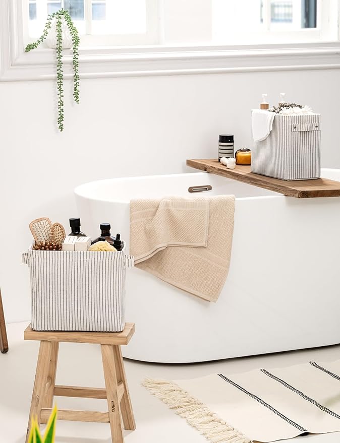 StorageWorks Narrow Storage Bins, Small Basket for Closet and Shelves, Rectangular Fabric Organizer with Handles, Toilet Paper Storage, Gray and White Stripes, 2-Pack