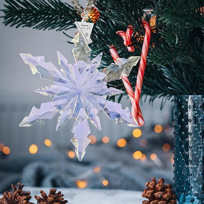 2024 Annual Christmas Ornaments Snowflake Star Clear White Faceted Crystal with Tone Metal Accents and Rayon Ribbon-New Year Christmas Tree Ornaments Crystal Sun Catcher Home Hanging Decor