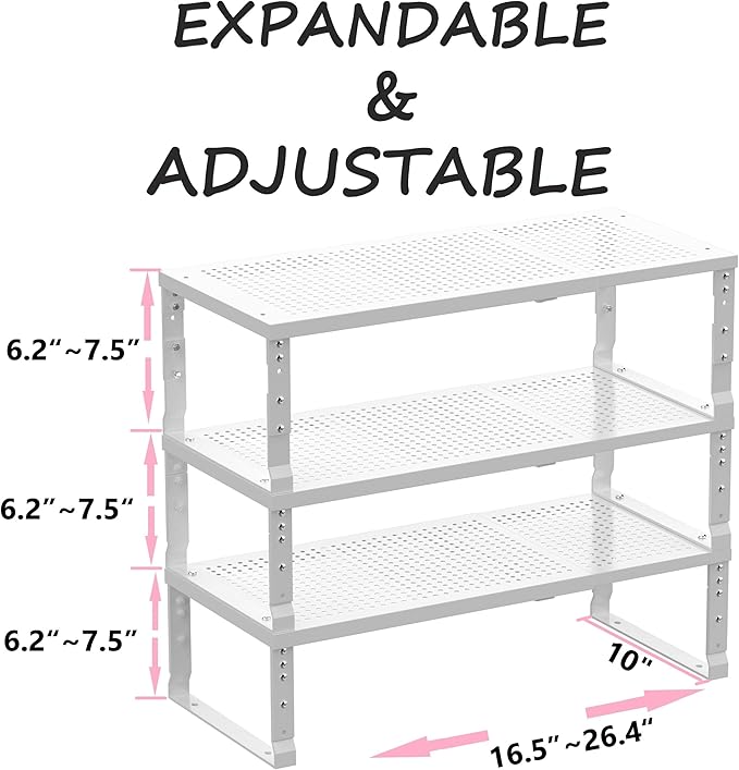 Metal Stackable Expandable Storage Shelf - Multi-Functional Home Storage Shelf, Suitable for Kitchen, Cabinet，Bathroom, Office, Garage, etc.（3PACKS/White/Large