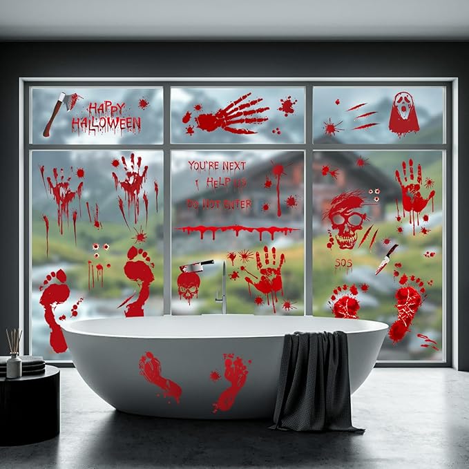 Halloween Decorations 165 PCS, 8 Sheets Bloody Handprint Footprint Halloween Wall Decal Floor Window Stickers,10 Sheets Wound Tattoo Stickers, Scary Party Decorations Window Stickers