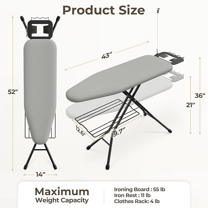 Yaheetech Ironing Board, Compact Iron Board with Cord Holder, Steam Iron Rest and Bottom Storage Tray, 9 Adjustable Heights & 3 Layer Cover, Folding Heavy Duty Ironing Board 52X14, Gray