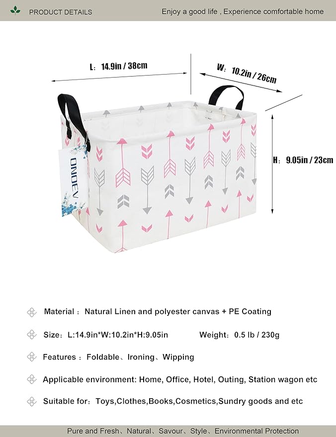 Rectangular Folding Laundry Basket,waterproof Canvas Basket,gift basket,Suitable for children's room,Office,Clothes,Toys Storage (Pink Arrow)
