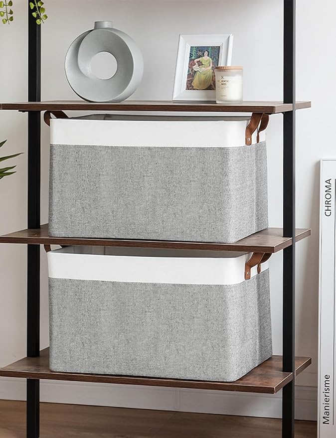 StorageWorks Storage Bins, Fabric Storage Bins for Shelves, Extra Large Storage Baskets with Metal Frame, Closet Baskets and Bins with Handles, Jumbo, Gray and White, 2-Pack