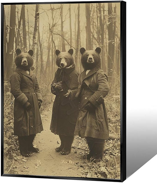 Vintage Horror Halloween Wall Decor Spooky The Three Bears In Occult Forest Spooky Canvas Wall Art Poster Gothic Dark Academia Decorations Room Creepy Print 16X24inch Aluminum Framed