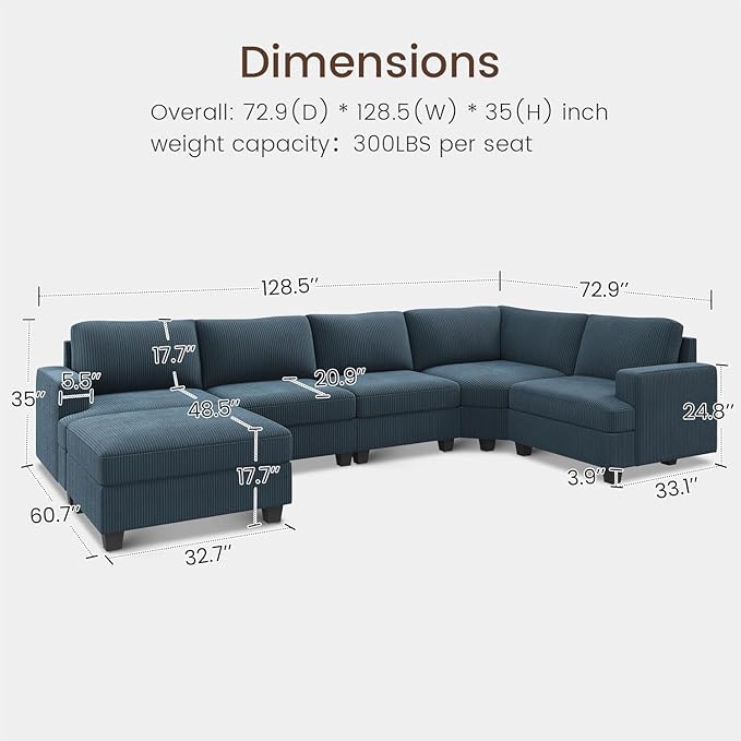Nolany Sectional Sofa with Storage Ottoman, U Shape Sectional Couch with Chaise, Corduroy Modular Sectional Couches for Living Room, Blue