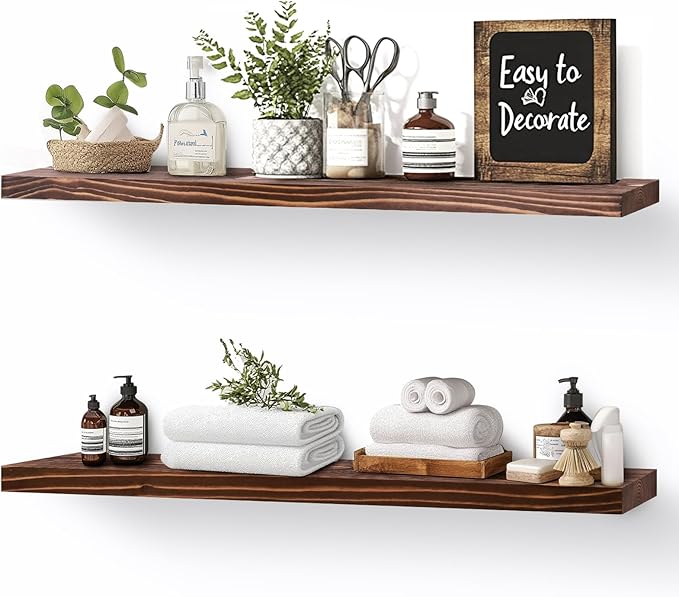 Floating Wall Shelves 2-Pack - 24-Inch Rustic Brown Wooden Shelves for Storage and Décor, Easy Installation for Living Room, Bedroom, and Kitchen