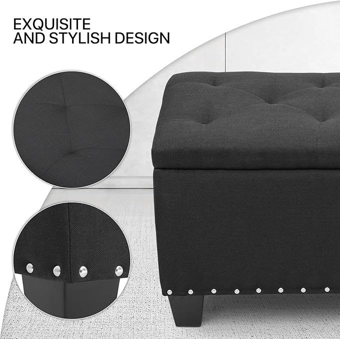 MoNiBloom 42 Inch Long Ottoman with Storage, Black Linen Foot Stool Upholstered Foam Padded Rectangular Fabric Tufted Bench Footrest for Living Room Bedroom Entry with 300 Lbs Capacity