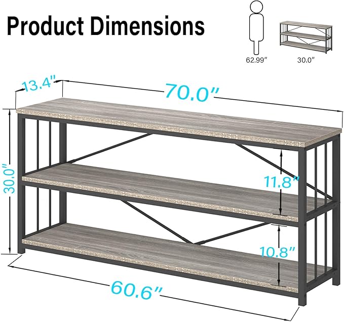 LVB Extra Long 3-Tier Sofa Table, Industrial Console Table with Storage Shelf, Modern Rustic Wood Metal Narrow Entryway Table, Skinny Behind Couch Table for Foyer Living Room Bedroom, Light Grey, 70In