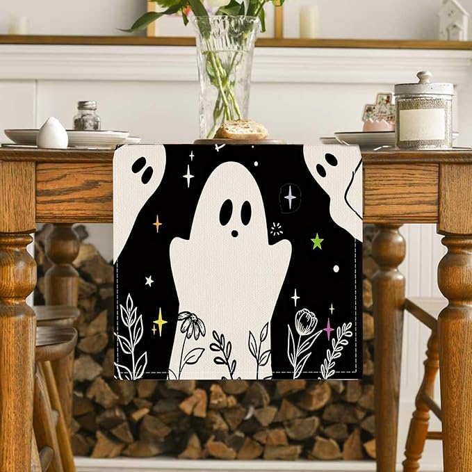 Halloween Black Table Runner Spooky Ghost Floral Boo Table Linen Runner Seasonal Holiday Kitchen Dining Table Decoration Halloween Decorations for Indoor Outdoor Home Party Decor 13x36 Inch