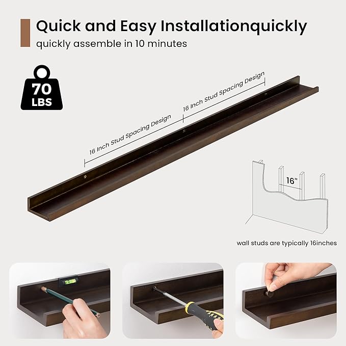 Picture Ledge Shelf, Solid Pine Wood Floating Shelves Set of 2, 48 Inches Nursery Book Shelves for Toys Storage, Kids Bookshelf Wall Mounted for Living Room Bedroom Decor Books Photo Frames, Walnut