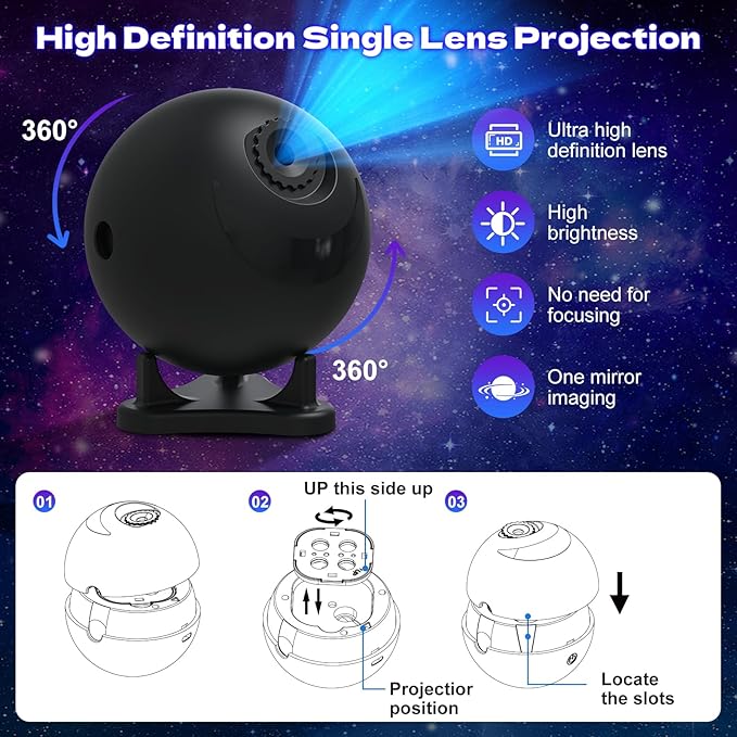 Galaxy Star Projector Night Light, 12 Film Discs, Ultra HD Projection, Whisper-Quiet, USB Powered, Auto Shut-Off