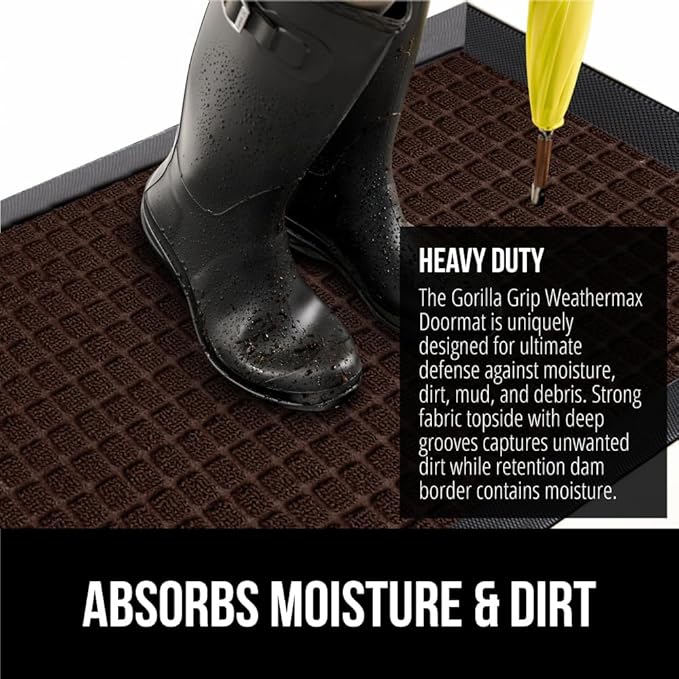GORILLA GRIP 100% Waterproof All-Season WeatherMax Doormat, 47x35, US Designed Natural Rubber, Stain and Fade Resistant, Low Profile Indoor Outdoor Door Mats, Easy Clean Patio Mat, Coffee Squares
