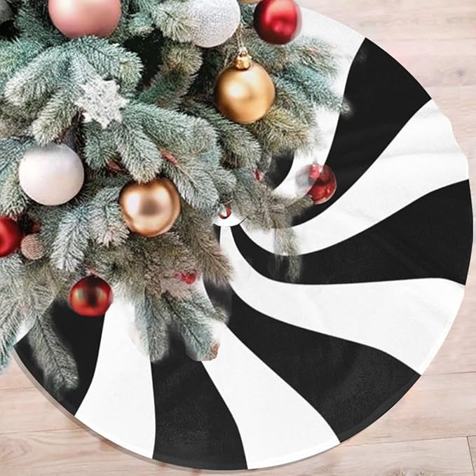 36" Black Sugar Swirl Candy Christmas Tree Skirt, Sweet Peppermint Tree Mat Base Cover for Xmas Festive Holiday Party Decoration Ornaments