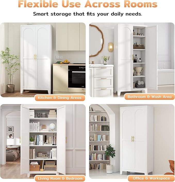 70.87" H Metal Kitchen Pantry Cabinet, Freestanding Cupboard with 2 Doors and 4 Adjustable Shelves, Tall Metal Storage Cabinet for Kitchen, Bathroom, Dinning Room or Laundry Room （White）