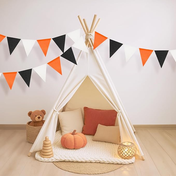 G2PLUS Pre-Strung Halloween Burlap Banners, 39Ft Black and Orange Fabric Triangle Flag Bunting, 36Pcs Reusable Pennant Banner Flags Garland for Fall Festival, Birthday, Porch, Party Decorations