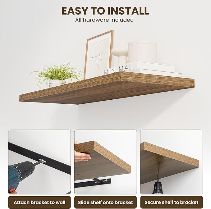 48" Floating Shelves for Wall, 12" Deep Slim Walnut Floating Shelves, Wall-Mounted Shelves for Bedroom, Living Room, Kitchen, Bathroom - Set of 2