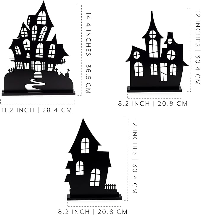 AuldHome Design Spooky Halloween House Village Silhouettes (Set of 3); Scary Haunted House Wood Statue Figurines Centerpiece Set