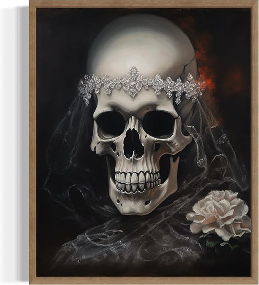 Skull Bride Poster Art Print, Halloween Scary Vintage Wall Art Academia Spooky Painting Decoration for Horror Prints, Gothic Posters Bedroom Decor 89 (Skull Bride, 8 x 10 inches, Wood Frame)