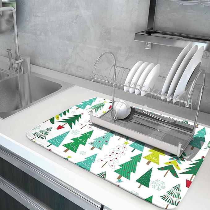 Green Trees Dish Drying Mat for Kitchen Counter Holiday Super Absorbent Reversible Microfiber Kitchen Countertop Protector Dishes Pad Large 18x24 inch