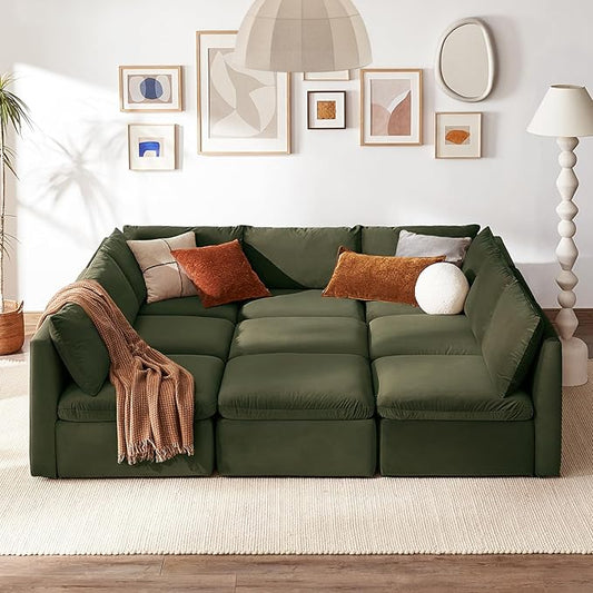 mopio Oversized Modular Sectional Sofa with Fully Removable Covers and Storage, Convertible U, L-Shaped and Sleeper Sectional, Modern Couches with Ottoman Chaise (Olive Green Velvet, 9 Seats, Sleeper)