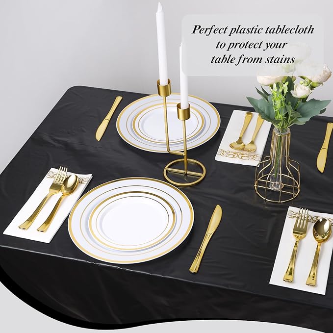 Goodluck 54 Inch X 300 Feet Plastic Table Cloths with Cutter Box, Black Disposable Table Cover Roll, Plastic Tablecloth for Party, Banquet, Wedding, Birthday, Anniversary